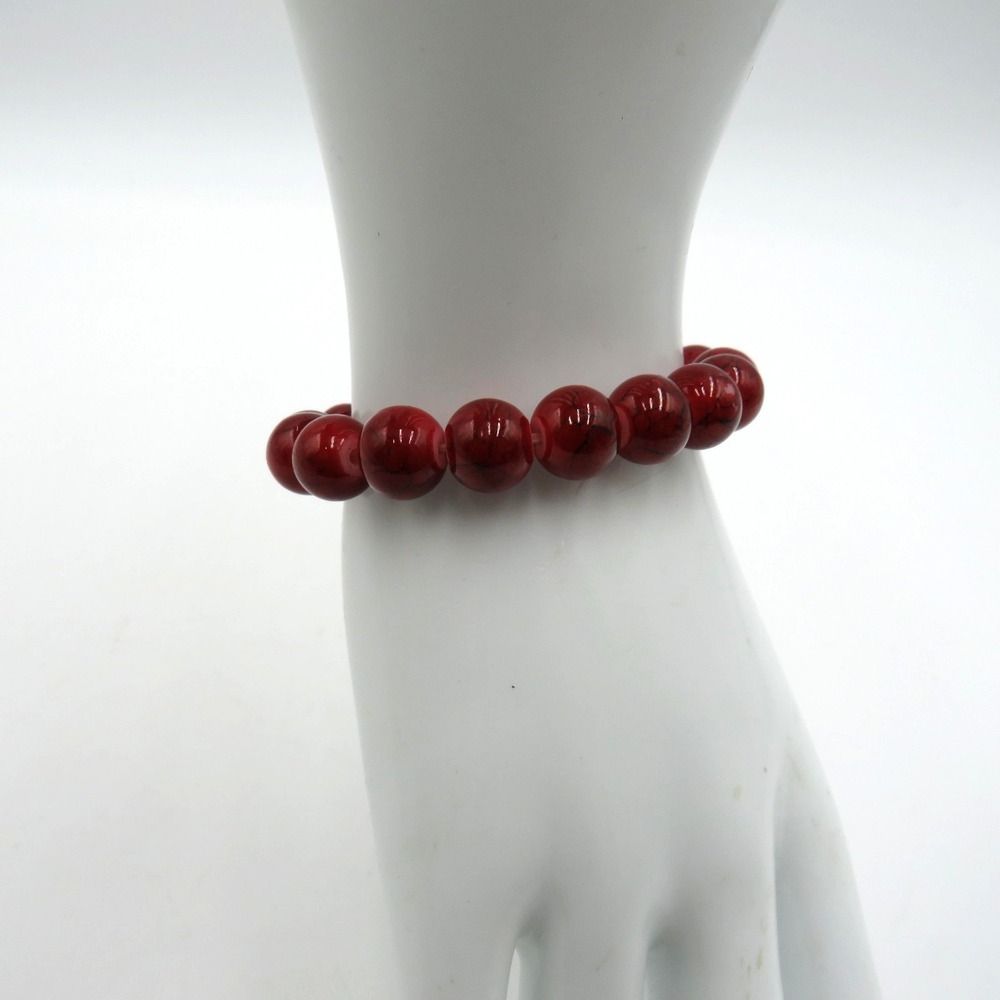 Red Beaded Stretch Bracelet Round Glossy Marbled Beads Fashion Jewelry Unisex